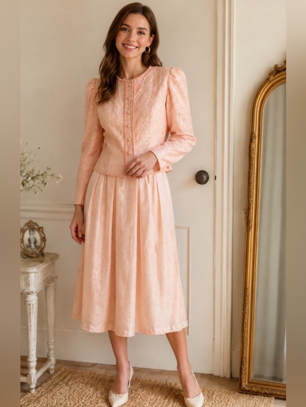 Vintage Dress, Size 8, Scott McClintock 80s 2-Piece, Lace, Peachy Pink